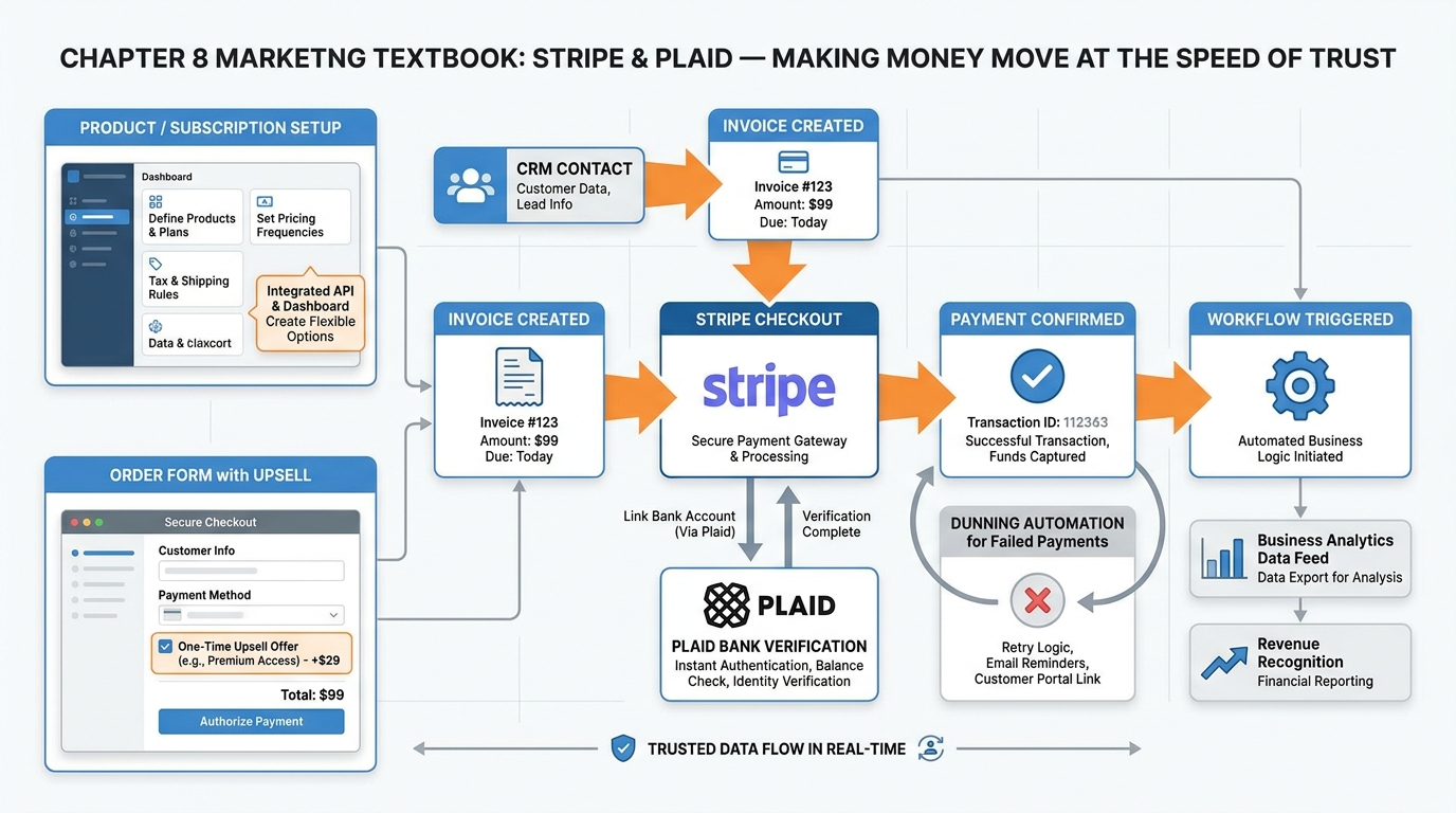 Chapter 8 comprehensive infographic showing the full payment flow from CRM contact through invoice creation, Stripe checkout, payment confirmation, and automated workflow trigger, with Plaid bank verification and dunning sequences