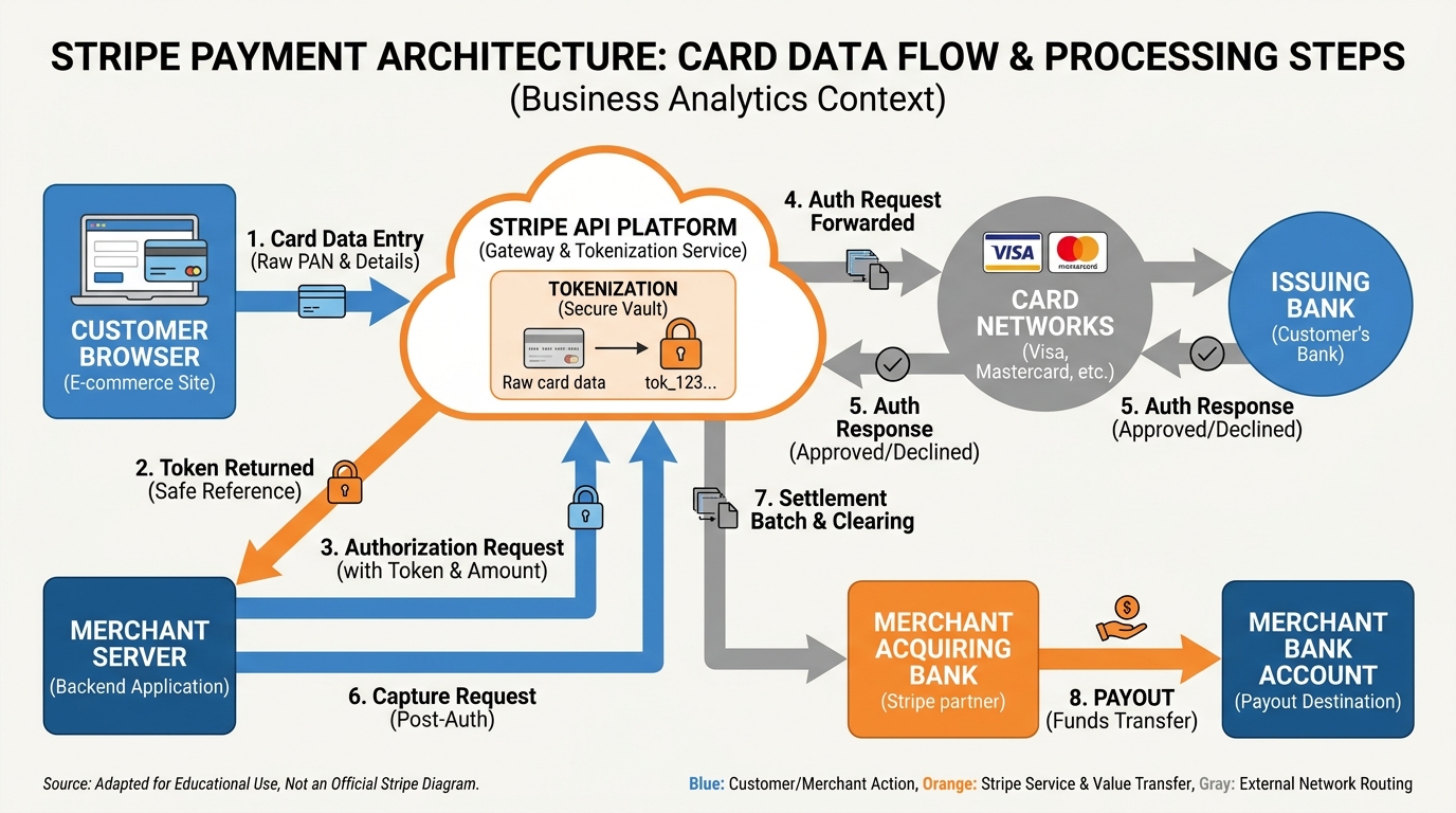 Stripe payment architecture diagram showing the data flow from customer through Stripe API to merchant bank