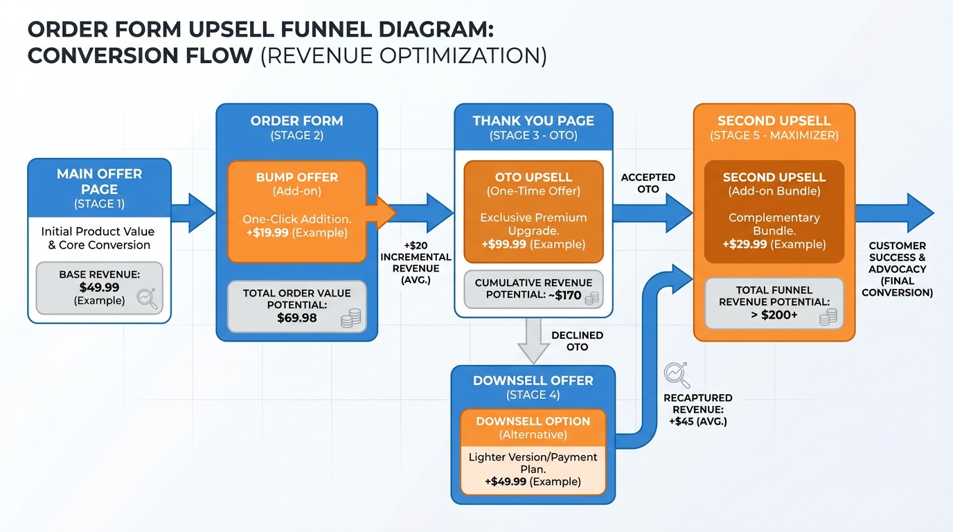 Order form upsell funnel showing conversion flow from main offer through order bump, one-time offer, and downsell with revenue totals at each stage