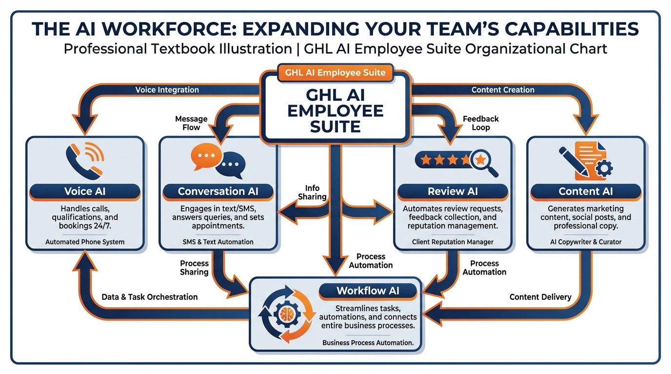 The five GHL AI Employee tools arranged as a workforce diagram: Voice AI, Conversation AI, Review AI, Content AI, and Workflow AI