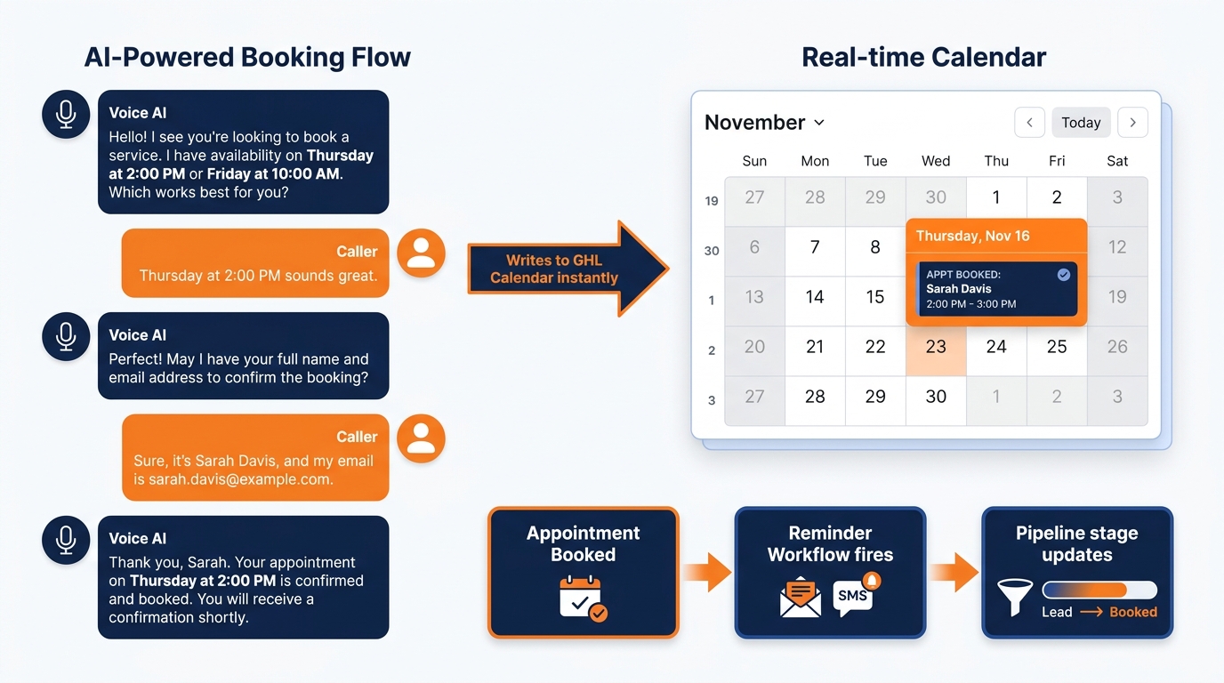 Diagram showing AI booking conversation flow alongside real-time calendar update and post-booking workflow trigger