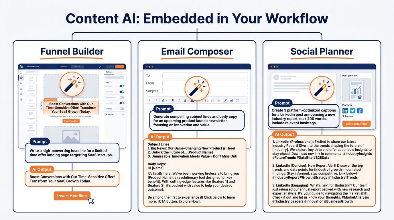 Content AI embedded in three GHL tools: funnel builder, email composer, and social planner