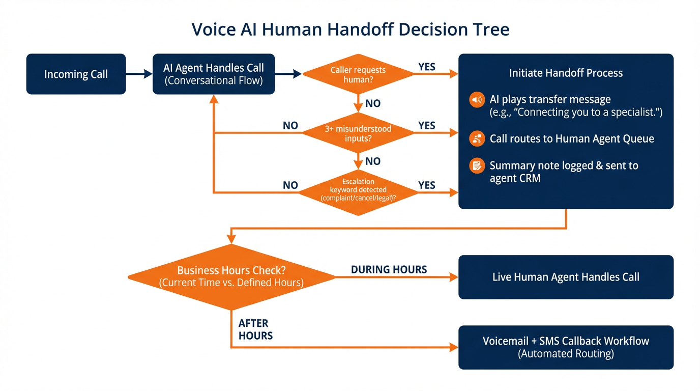 Decision tree showing Voice AI human handoff triggers and routing logic for business hours vs. after-hours