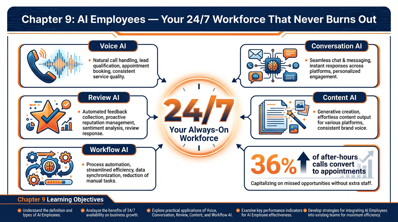 Chapter 9 infographic showing the five AI Employee tools — Voice AI, Conversation AI, Review AI, Content AI, and Workflow AI — arranged as a workforce diagram