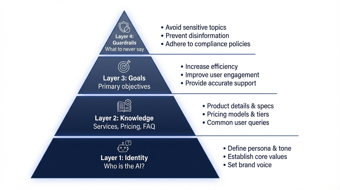 Four-layer pyramid showing the AI Training Framework: Identity, Knowledge, Goals, and Guardrails from bottom to top
