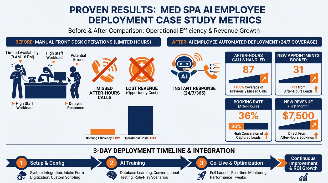 Data visualization showing before/after metrics for med spa AI Employee deployment: 87 after-hours calls handled, 31 appointments booked