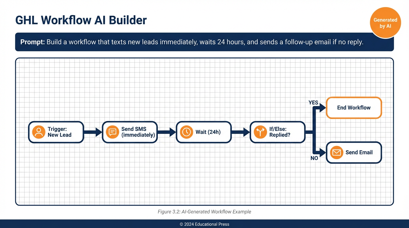 GHL Workflow AI builder showing a natural language prompt generating a complete automation workflow
