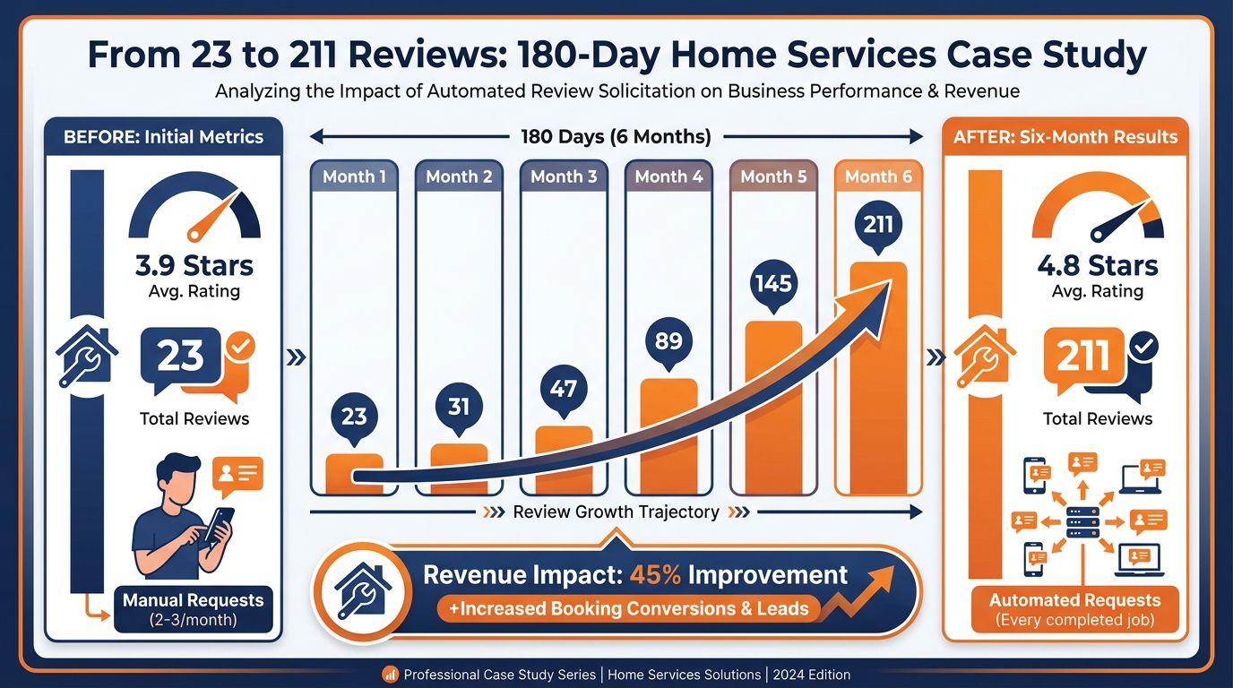 Infographic showing home services agency review growth from 23 to 211 reviews over 180 days with monthly bar chart