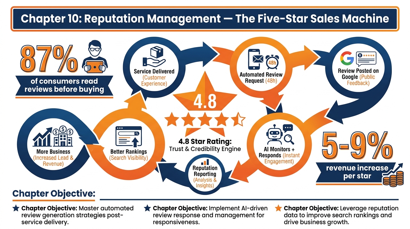 Chapter 10 infographic showing the reputation management cycle from service delivery to review request to review monitoring to AI response to reputation reporting