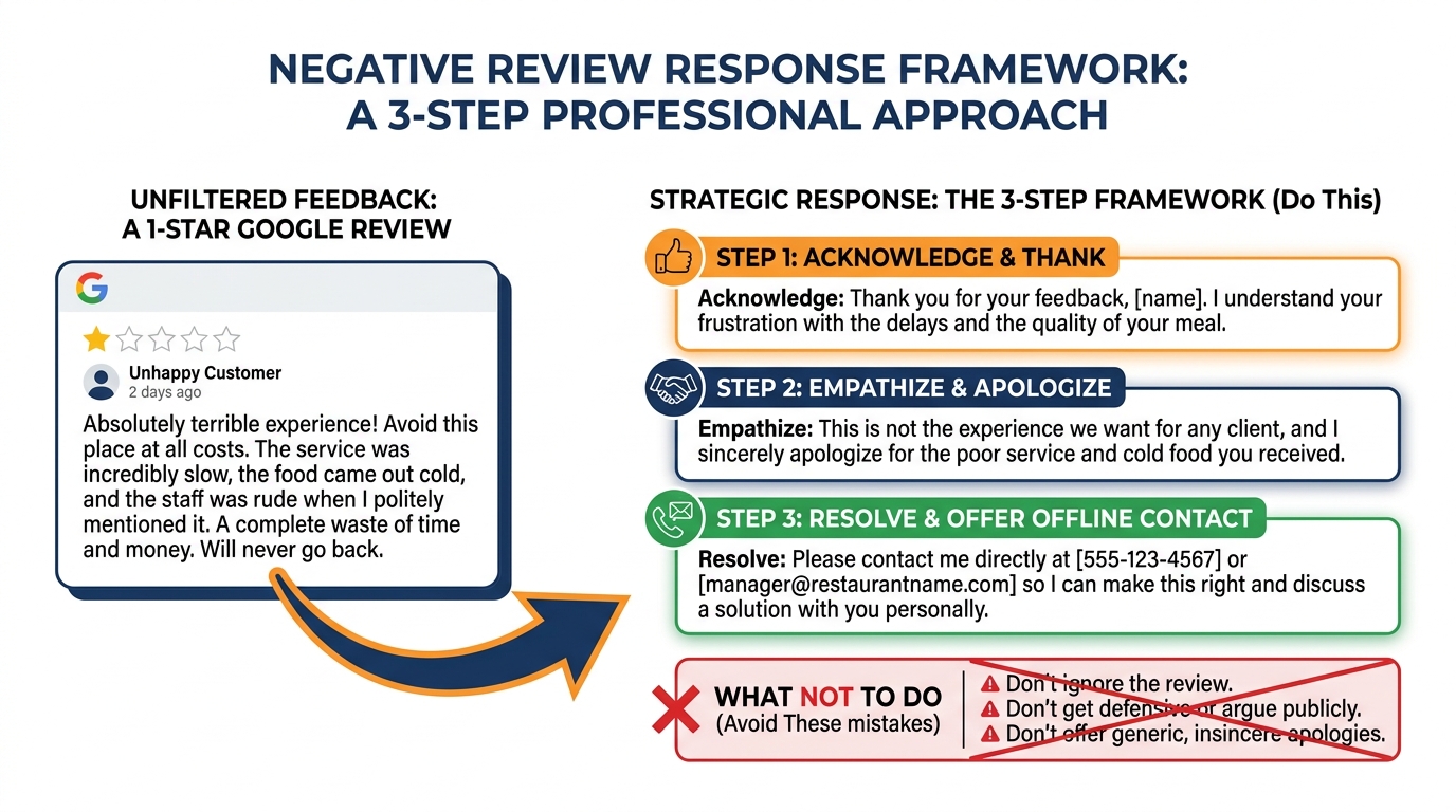 Three-step negative review response framework: Acknowledge, Empathize, Invite Private Resolution — with examples