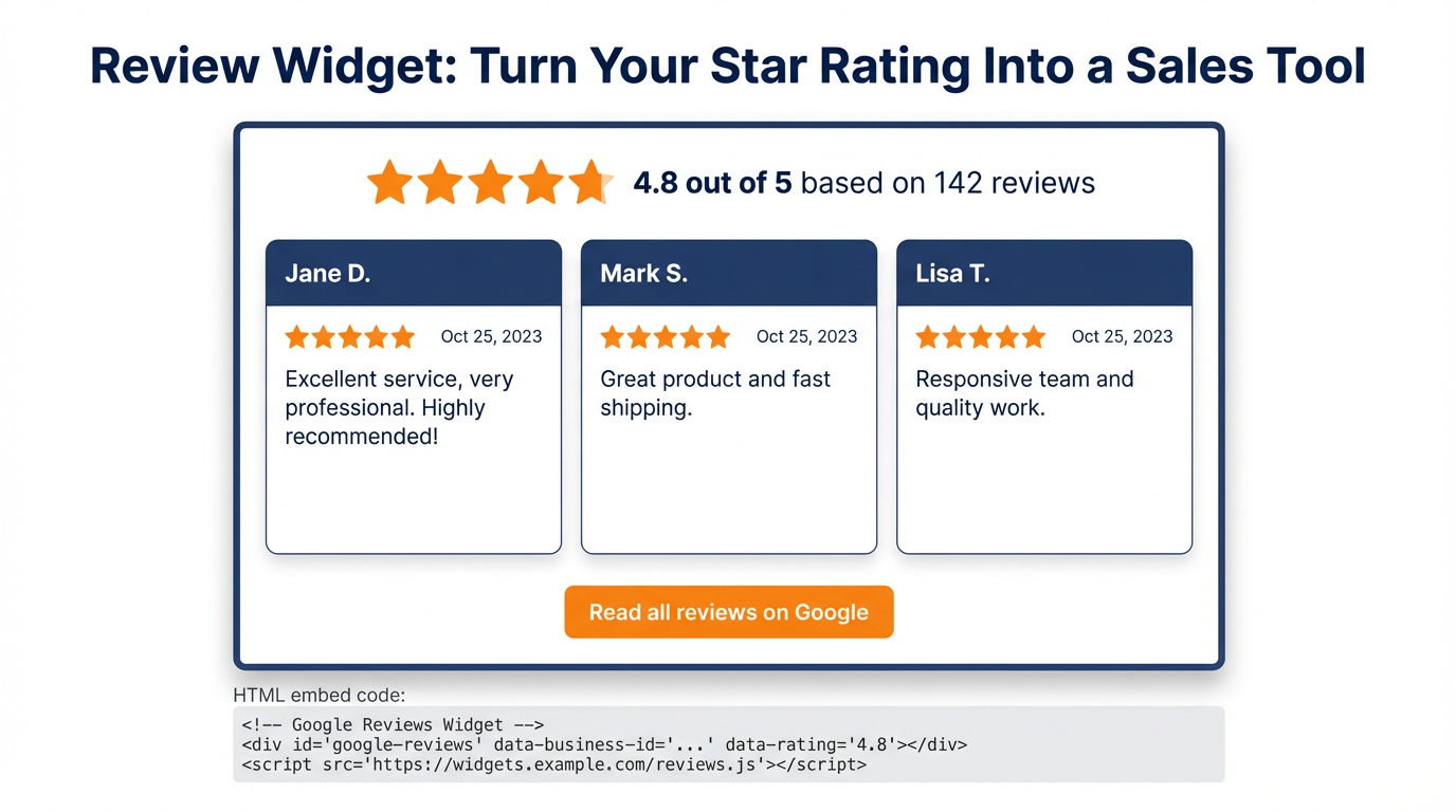 GHL review widget showing star rating, total reviews, and individual review cards with embed code below