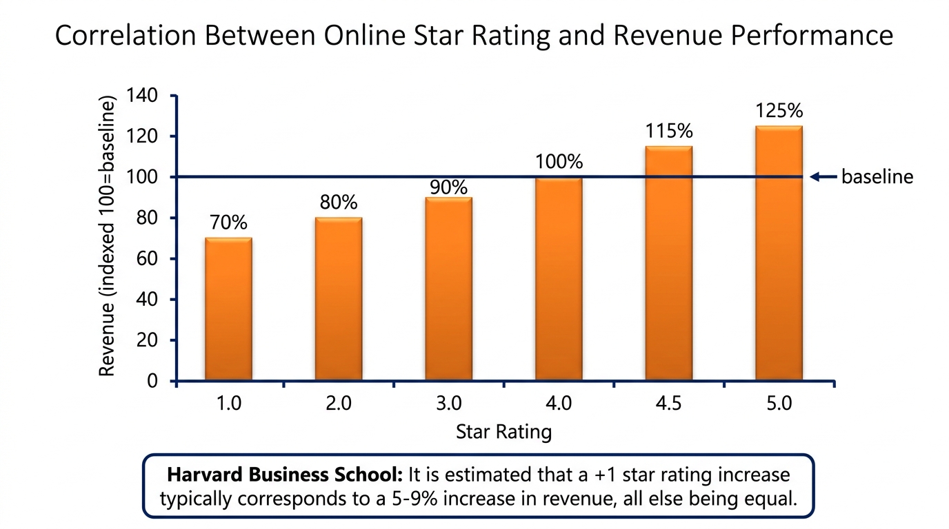 Bar chart showing correlation between star rating and revenue indexed to baseline at 4 stars