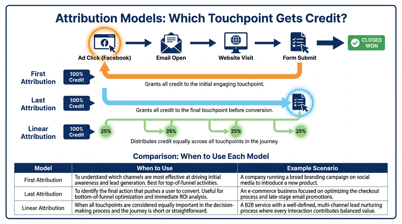 Comparison diagram showing First Attribution, Last Attribution, and Linear Attribution credit assignment across a customer journey