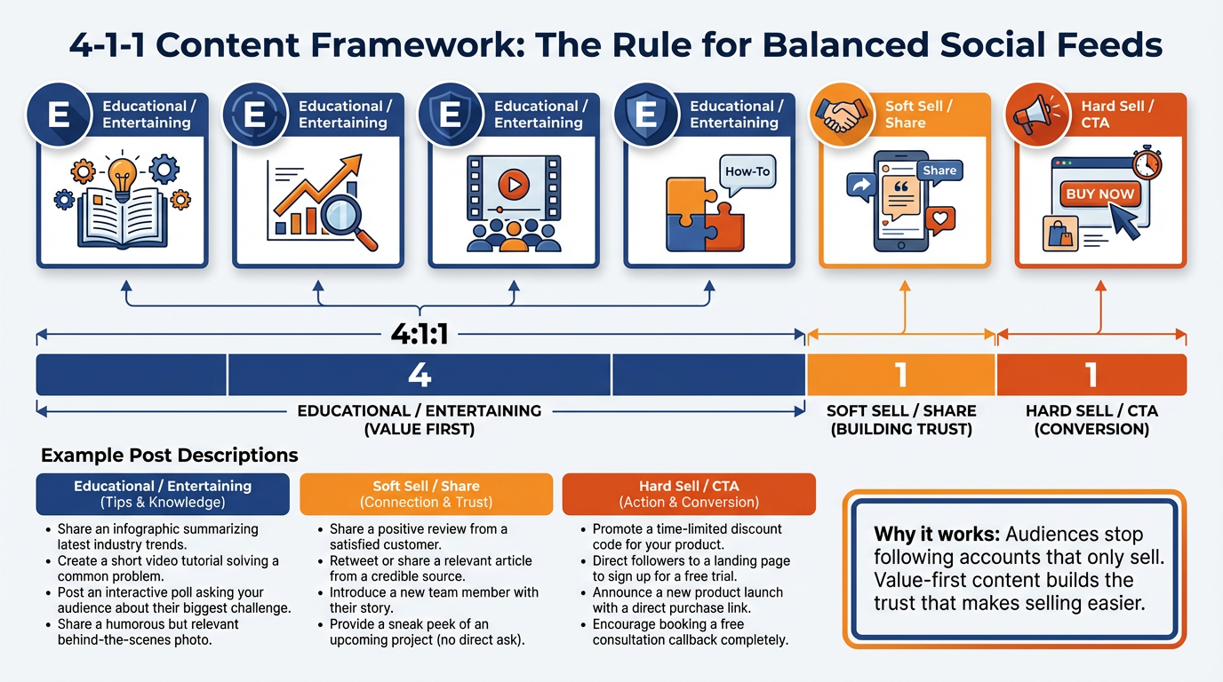 Visual representation of the 4-1-1 content framework showing four educational posts, one soft sell, and one direct offer in sequence