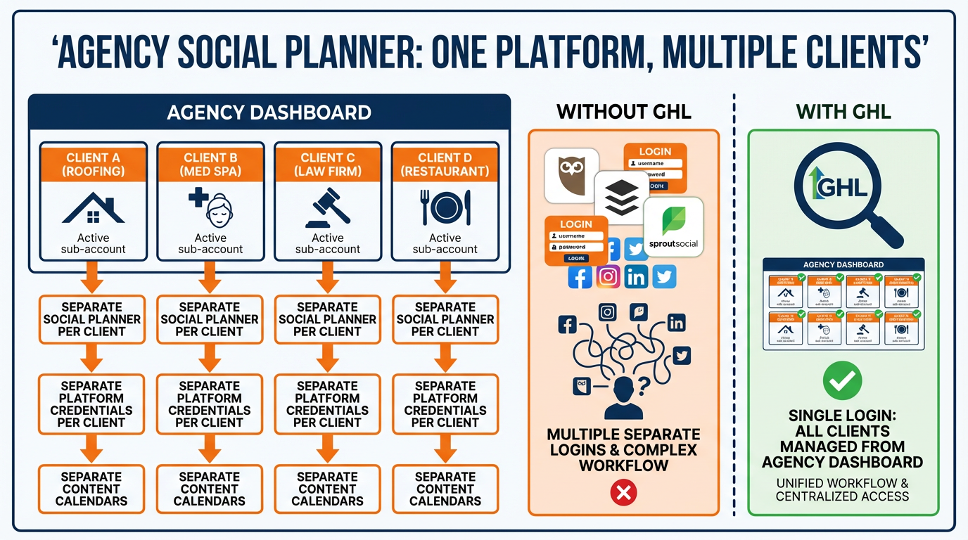 Agency architecture diagram showing multiple client sub-accounts each with separate Social Planner vs competing tools requiring separate subscriptions