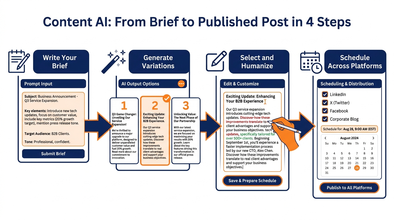 Four-step process diagram: write brief, generate AI variations, select and humanize, schedule across platforms