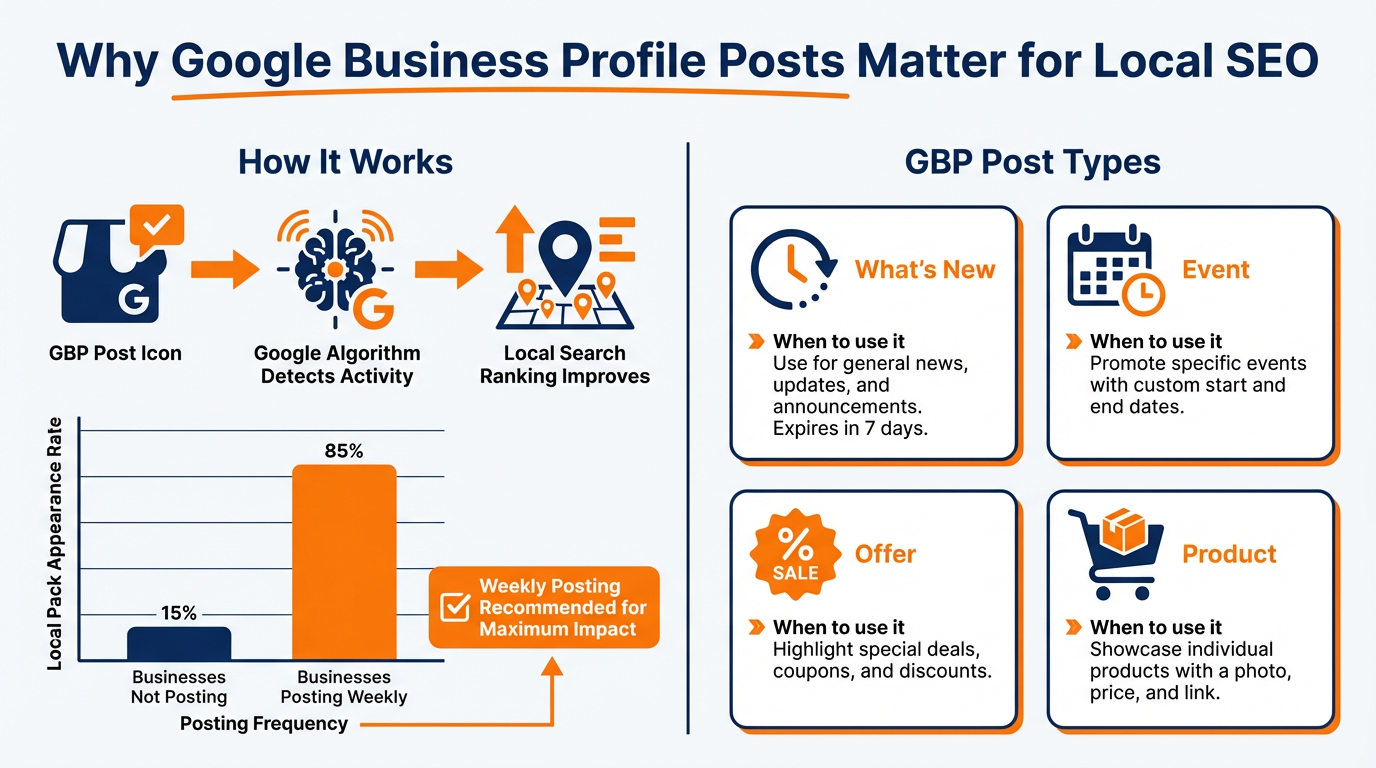 Infographic showing how Google Business Profile posting frequency correlates with local search pack appearance rate
