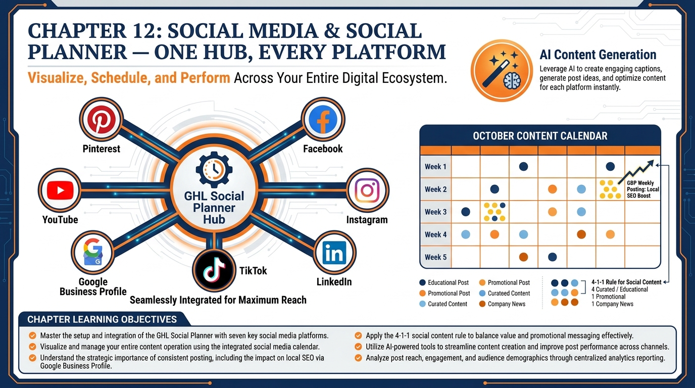 Chapter 12 infographic showing GHL's Social Planner connecting to seven platforms — Facebook, Instagram, LinkedIn, TikTok, Google Business Profile, YouTube, and Pinterest — with a unified calendar view and AI content generation panel