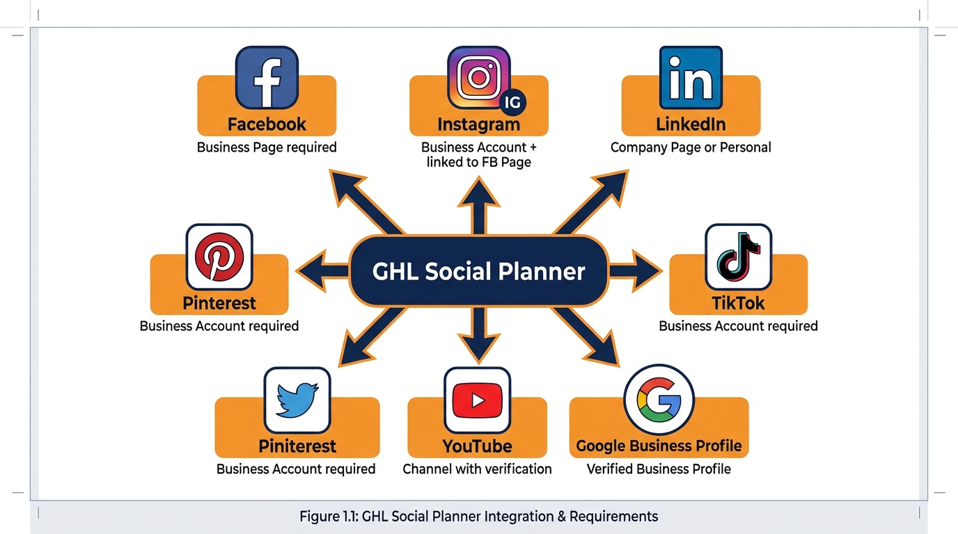 Hub-and-spoke diagram showing GHL Social Planner connected to seven social platforms with connection requirements for each