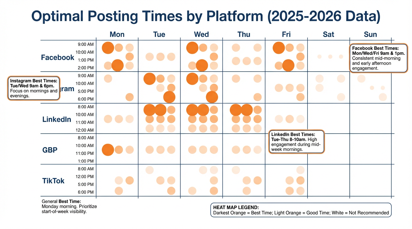 Weekly heat map showing optimal posting times by platform with darkest orange indicating best performance windows