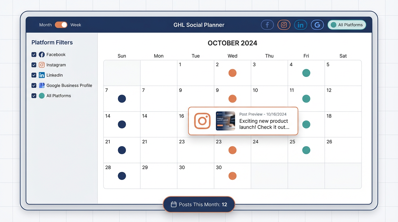 GHL Social Planner calendar view showing color-coded scheduled posts by platform across a monthly grid