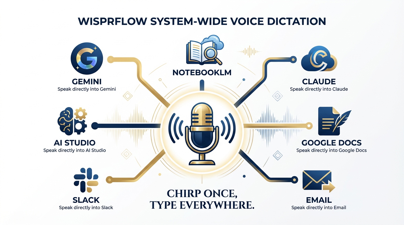 Figure A-2: WisprFlow works across all apps — place your cursor in Gemini, AI Studio, NotebookLM, Claude, Google Docs, or Slack, then speak. The text appears wherever the cursor is, system-wide.
