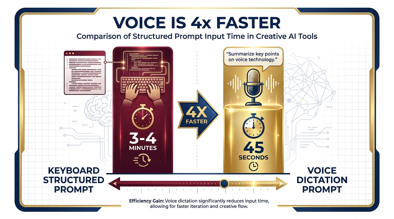Figure A-1: Time comparison — typing a 300-word structured prompt (3–4 minutes) versus speaking it (under 60 seconds). Across a full analyst workday, the savings compound to more than an hour of recovered time.