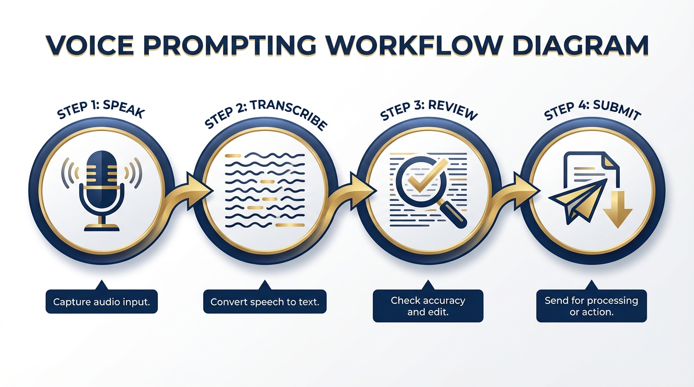 Figure A-3: The four-step voice prompting workflow — Speak → Transcribe → Review → Submit. Each step takes seconds; the entire cycle for a 300-word prompt runs under 90 seconds.