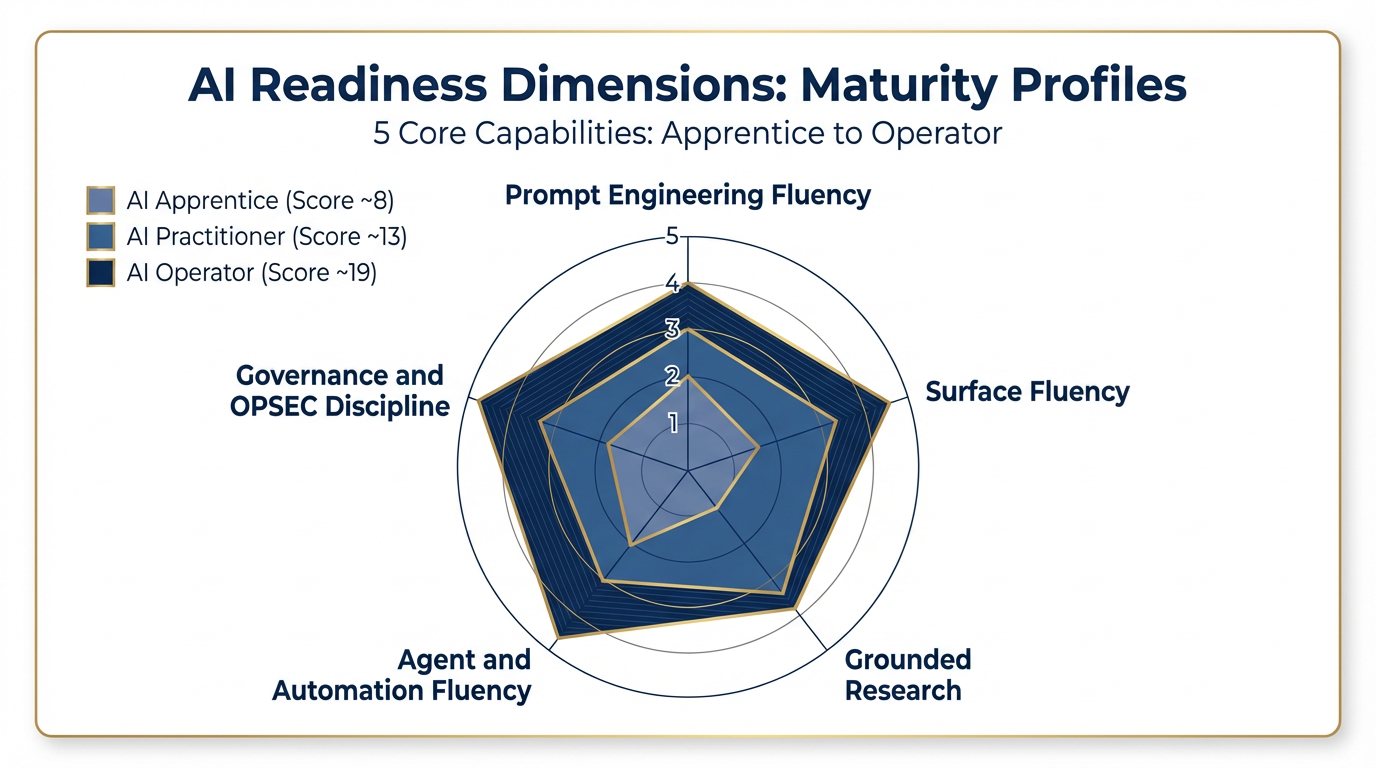 Radar chart showing the five assessment dimensions with example maturity profiles