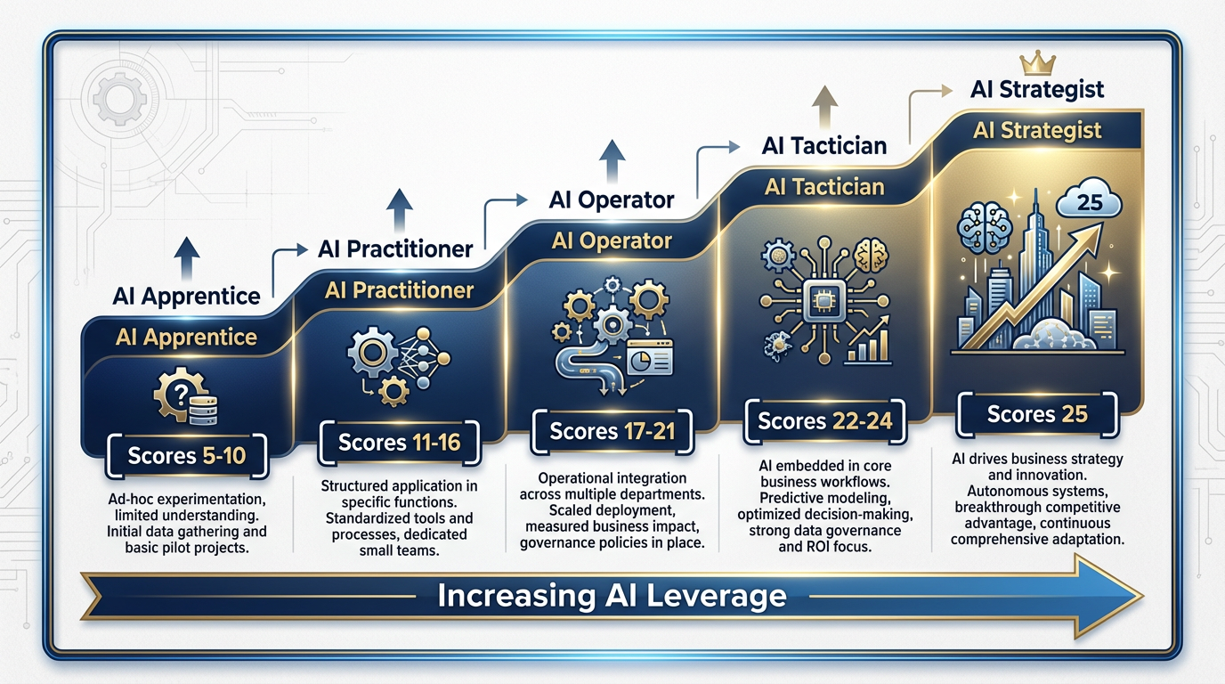 Visual scoring scale from AI Apprentice (5-10) through AI Strategist (25)