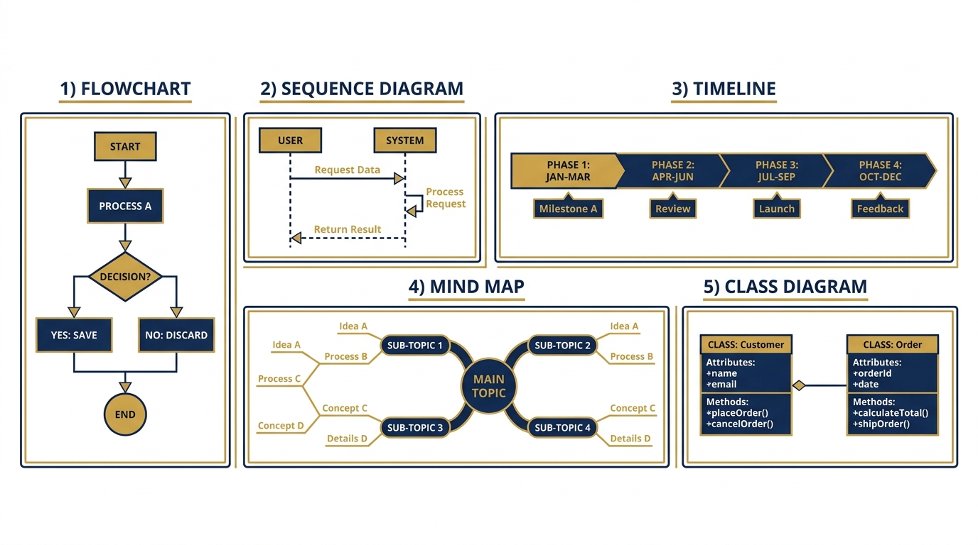 The five Mermaid diagram types — flowchart, sequence, timeline, mind map, decision tree