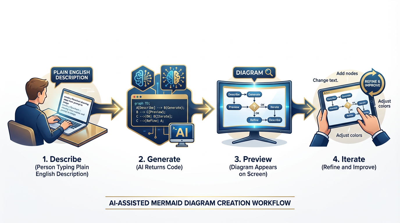 The Mermaid.js AI workflow — Describe, Generate, Preview, Iterate