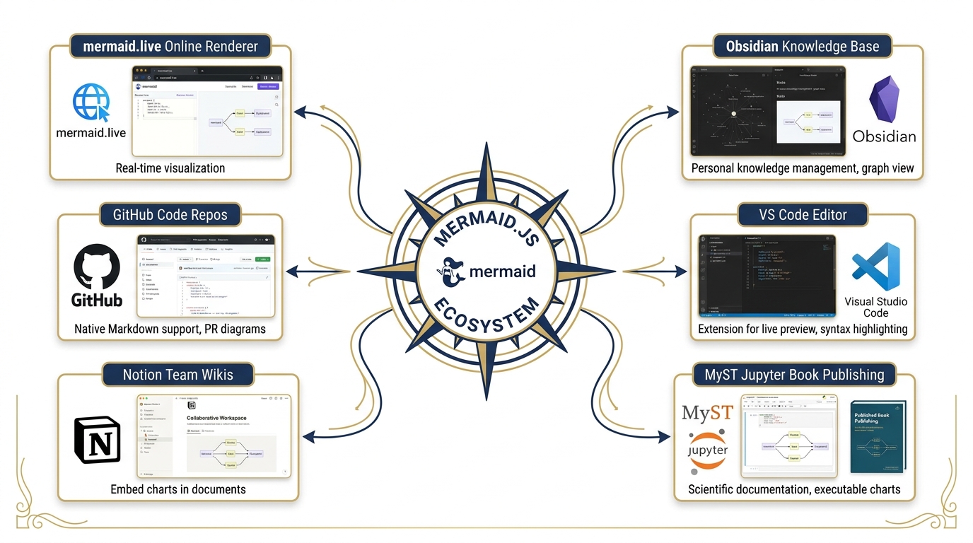The Mermaid ecosystem — mermaid.live, GitHub, Notion, Obsidian, MyST Markdown