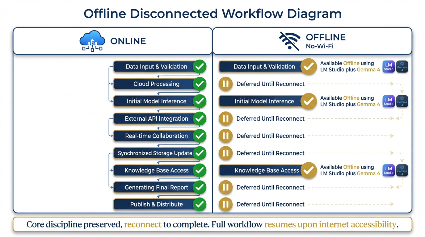 Offline workflow diagram showing which steps work disconnected and which are deferred