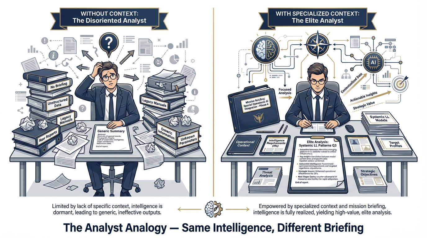 The Analyst Analogy — brilliant generalist, zero situational awareness until briefed