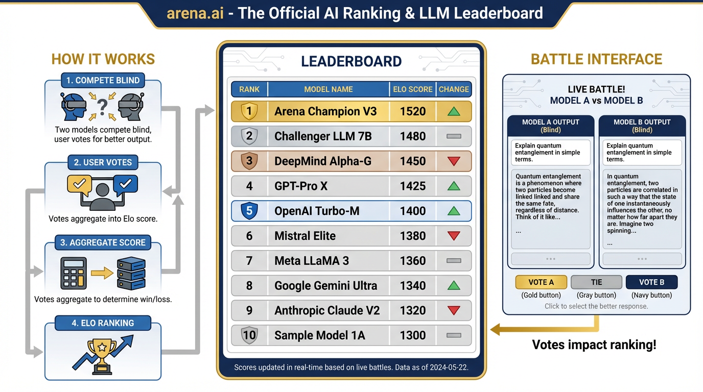 arena.ai leaderboard concept — blind model comparison producing Elo rankings
