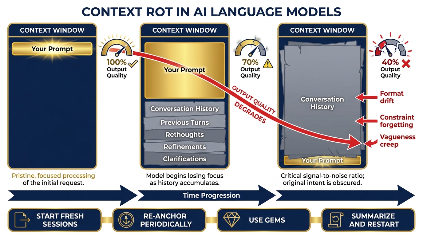 Context rot — output quality degrades as conversation history fills the context window