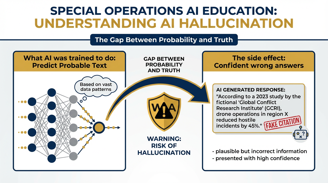 Diagram explaining AI hallucination — the gap between probability and truth