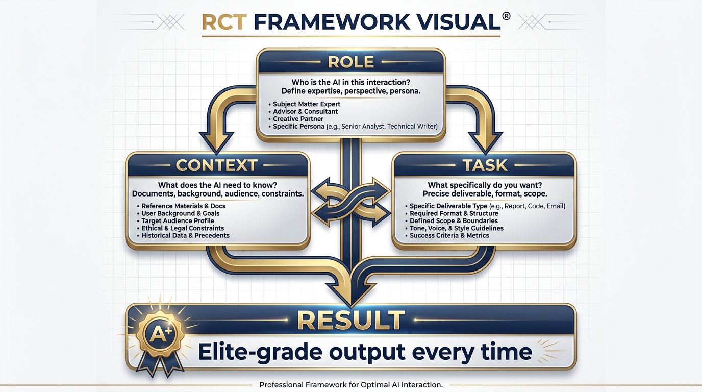 The Role-Context-Task (RCT) framework — three elements of every effective prompt
