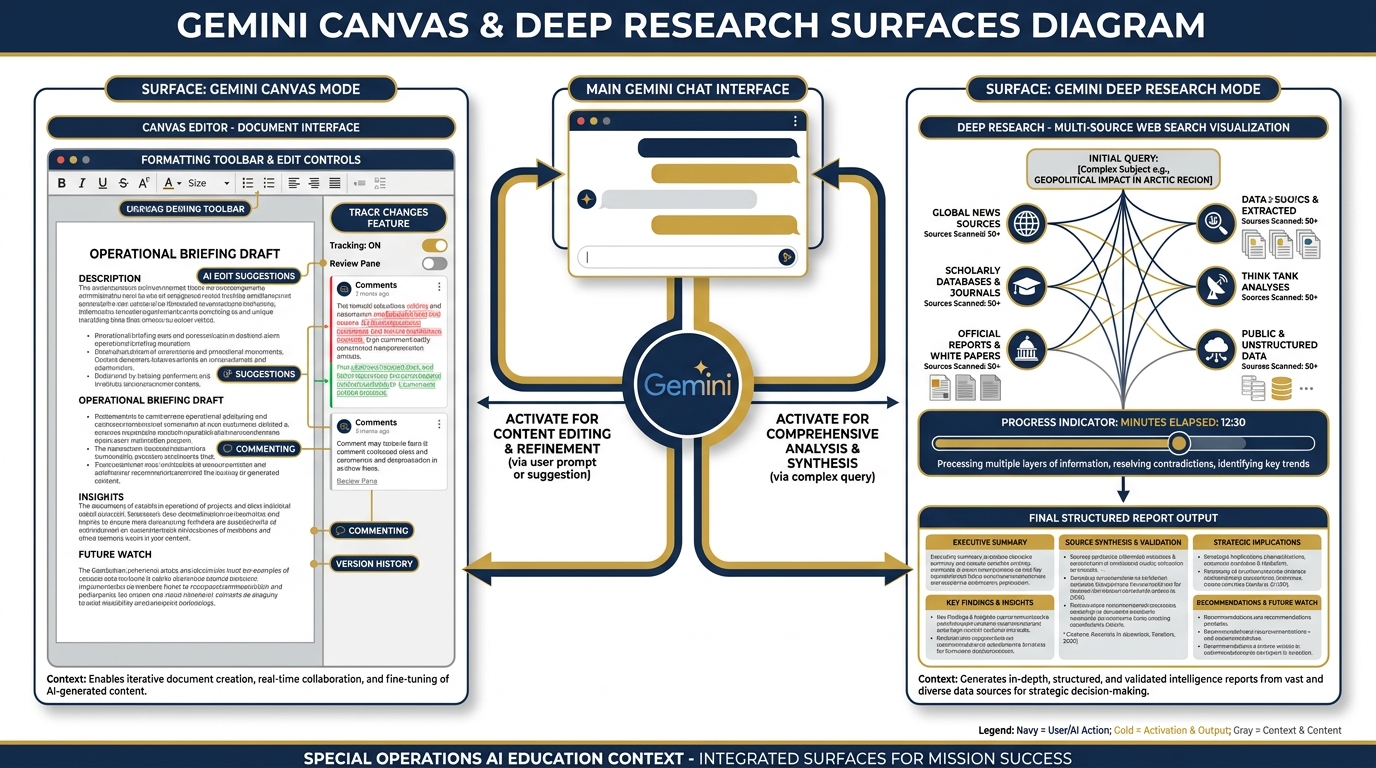 Gemini Canvas and Deep Research surfaces
