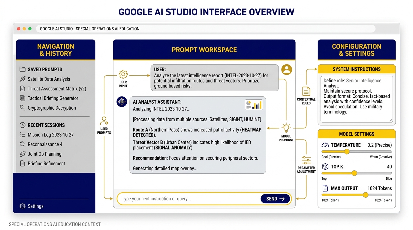 Google AI Studio interface overview showing main panels, system instructions, and model settings