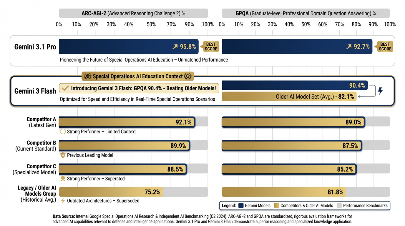 Benchmark comparison chart showing Gemini 3.1 Pro and Gemini 3 Flash scores on ARC-AGI-2 and GPQA versus competitor models