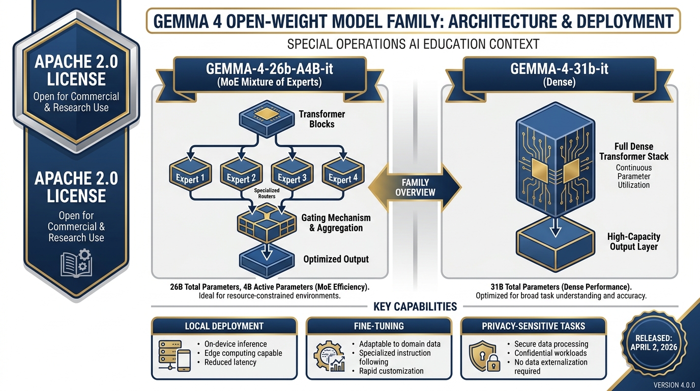 Gemma 4 model family overview showing gemma-4-26b-a4b-it MoE and gemma-4-31b-it dense variants, Apache 2.0 license, and use cases for local and secure deployment