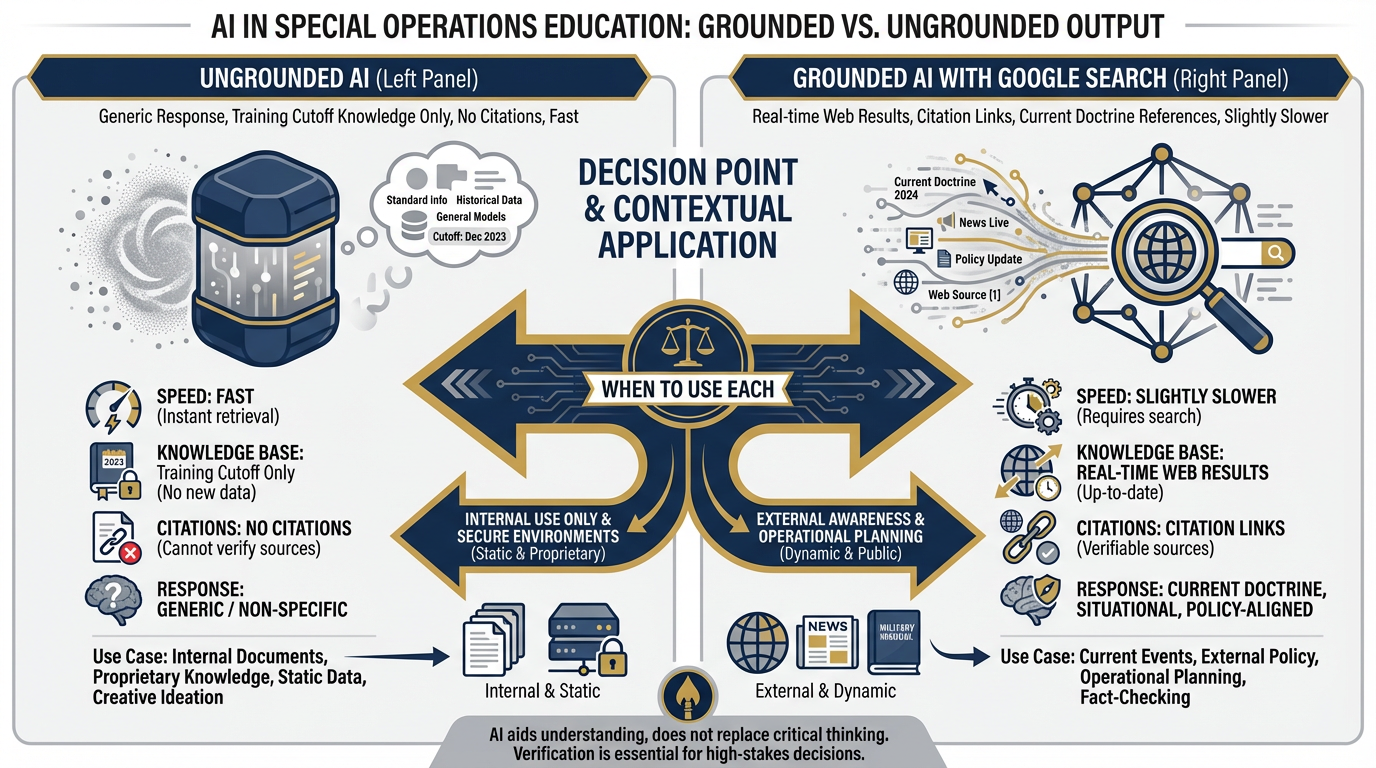 Side-by-side comparison of grounded vs ungrounded AI output — grounded shows citations and current data, ungrounded is faster for internal documents