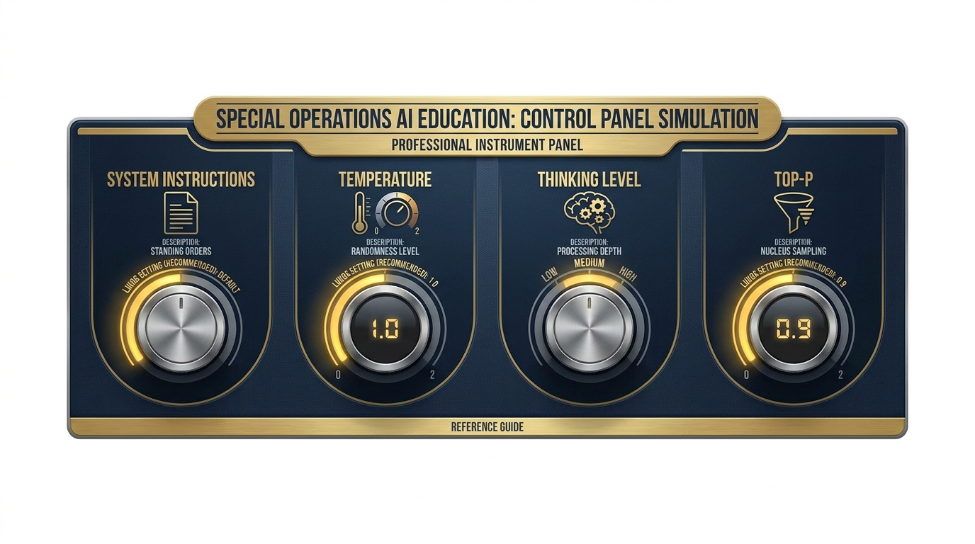 All four AI Studio knobs shown as a control panel infographic — System Instructions, Temperature, Thinking Level, and Top-P