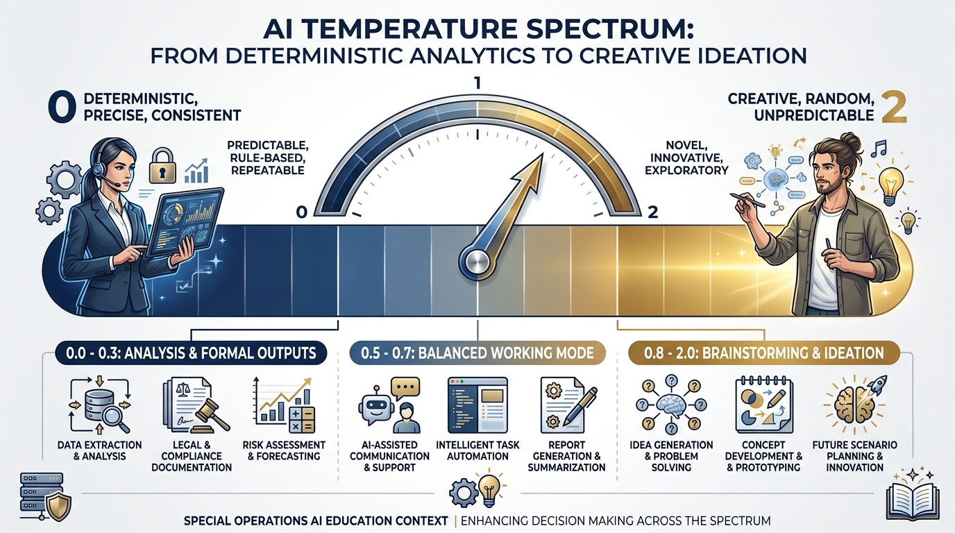 Temperature spectrum infographic from 0 (deterministic/precise) to 2 (creative/random) with use cases at each level