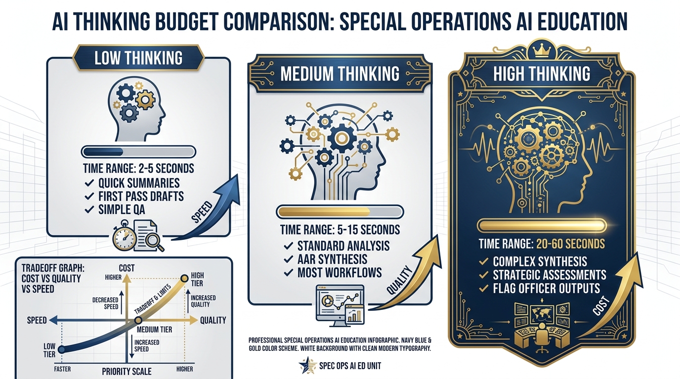 Three-tier thinking level comparison showing Low/Medium/High with response times, use cases, and cost-quality tradeoff graph