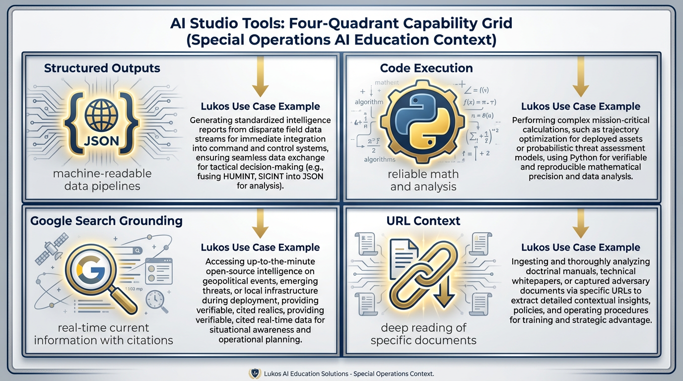 Four AI Studio tools shown as a capability grid — Structured Outputs, Code Execution, Google Search, URL Context