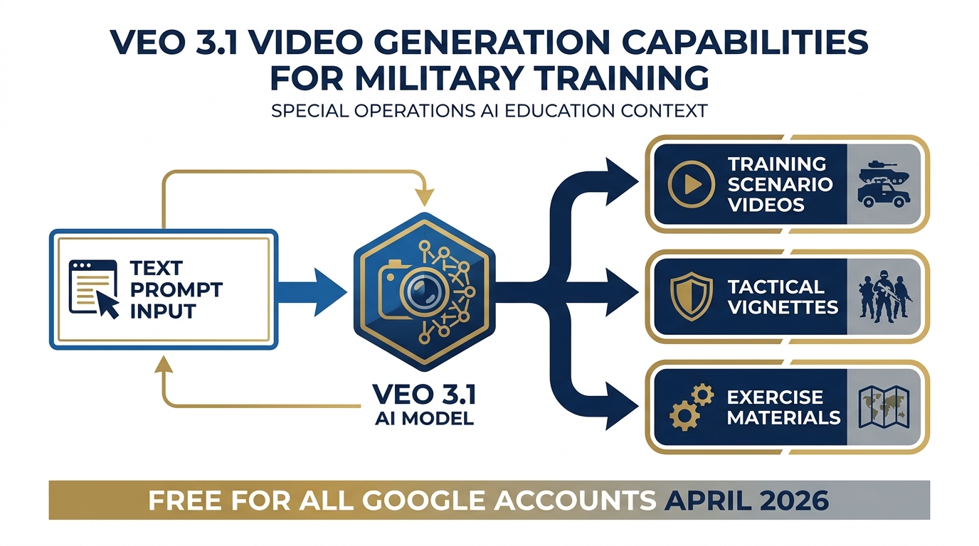 Veo 3.1 video generation workflow showing text prompt to training scenario video, with Lukos use cases: exercise vignettes, scenario visualization, program proposals