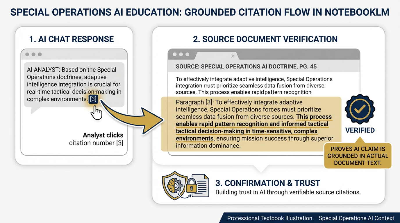 Step-by-step illustration of clicking a citation in NotebookLM chat, with arrow pointing to the exact highlighted paragraph in the source document panel